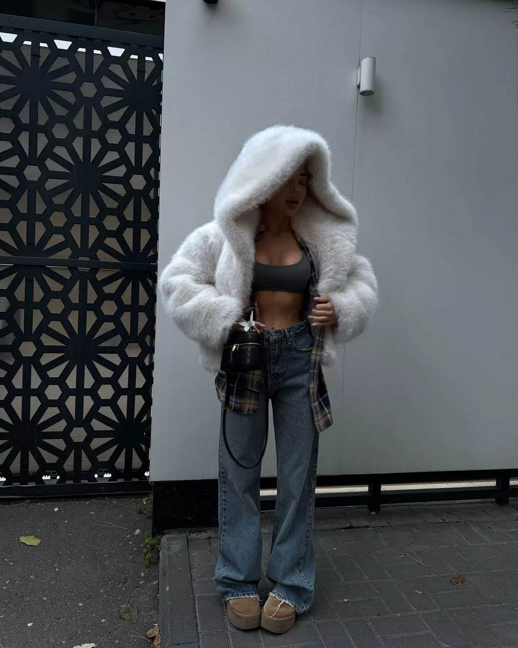 LaPose - Tristyn Hooded Faux Fur Cropped Jacket