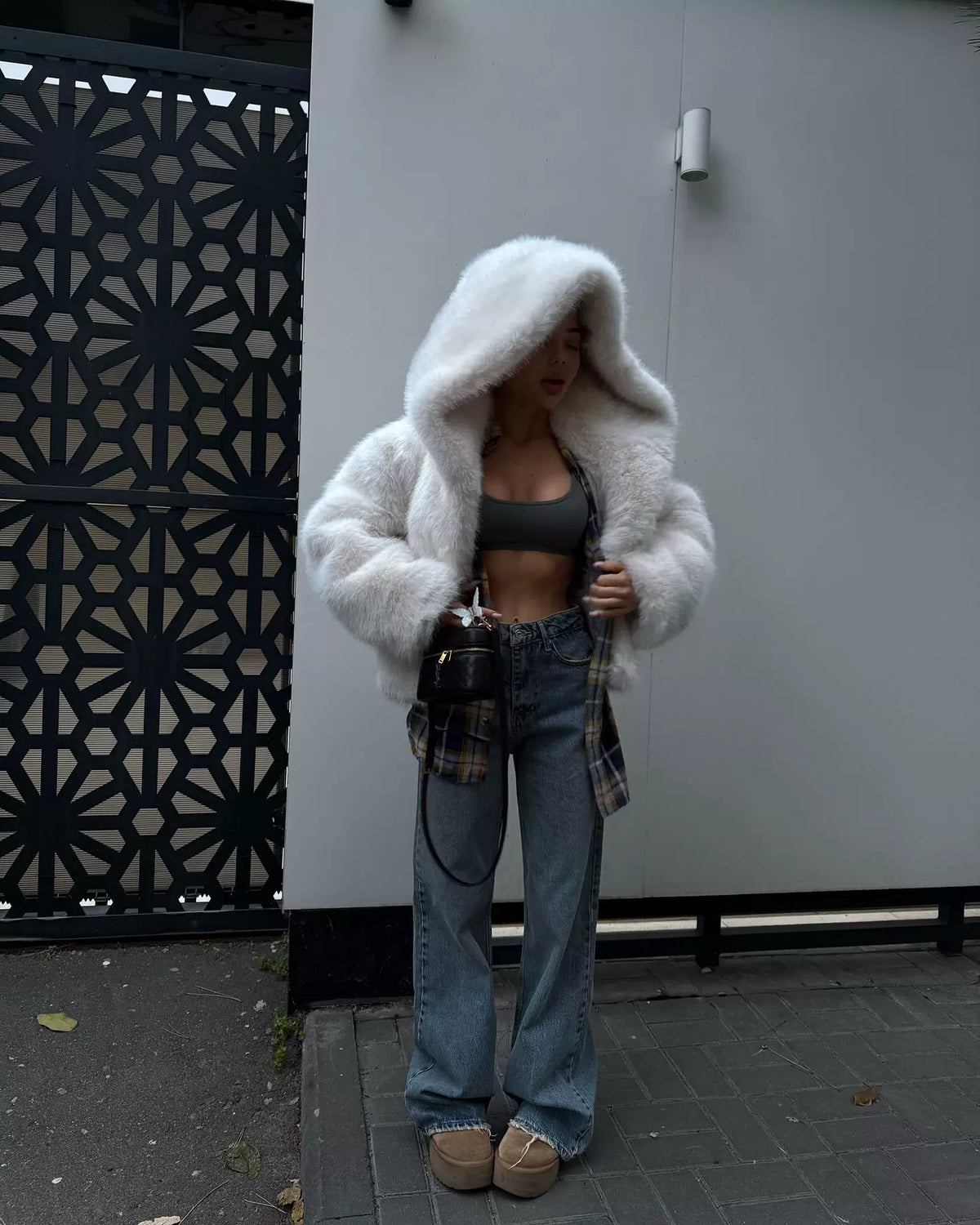 LaPose - Tristyn Hooded Faux Fur Cropped Jacket