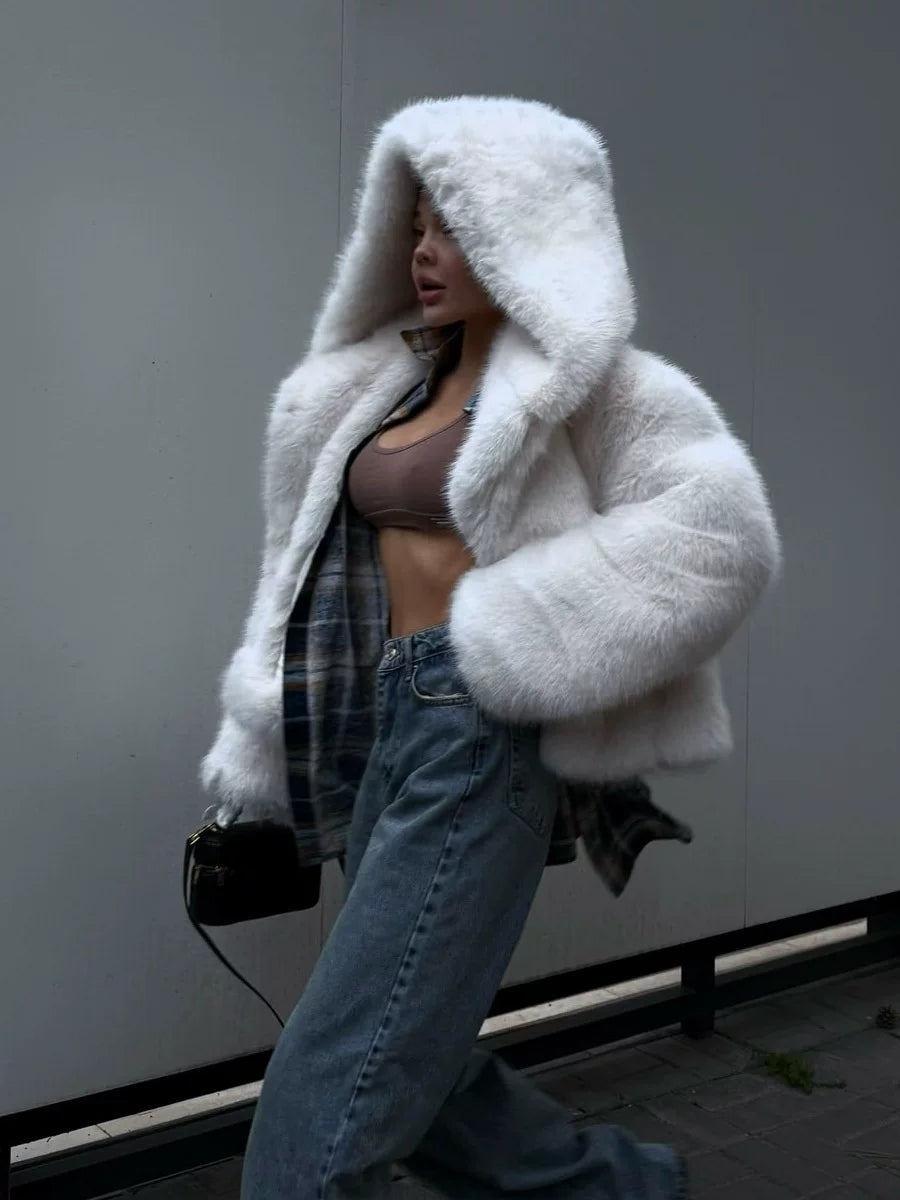 LaPose - Tristyn Hooded Faux Fur Cropped Jacket