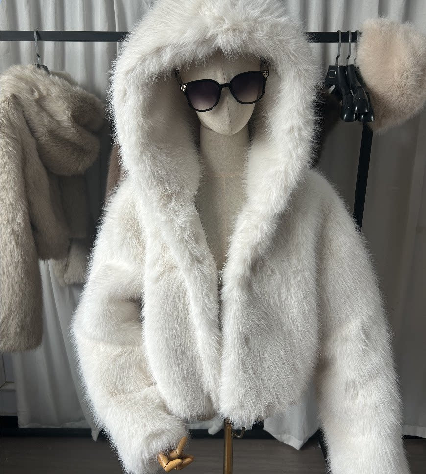 LaPose - Tristyn Hooded Faux Fur Cropped Jacket