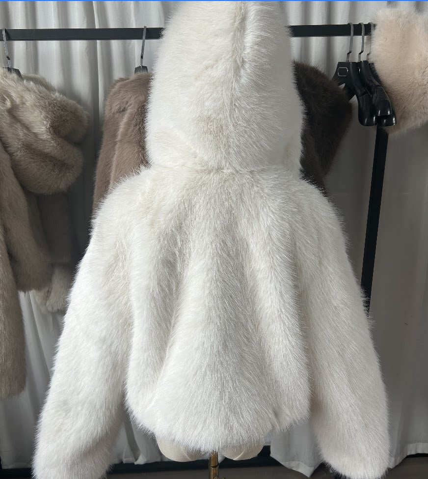 LaPose - Tristyn Hooded Faux Fur Cropped Jacket