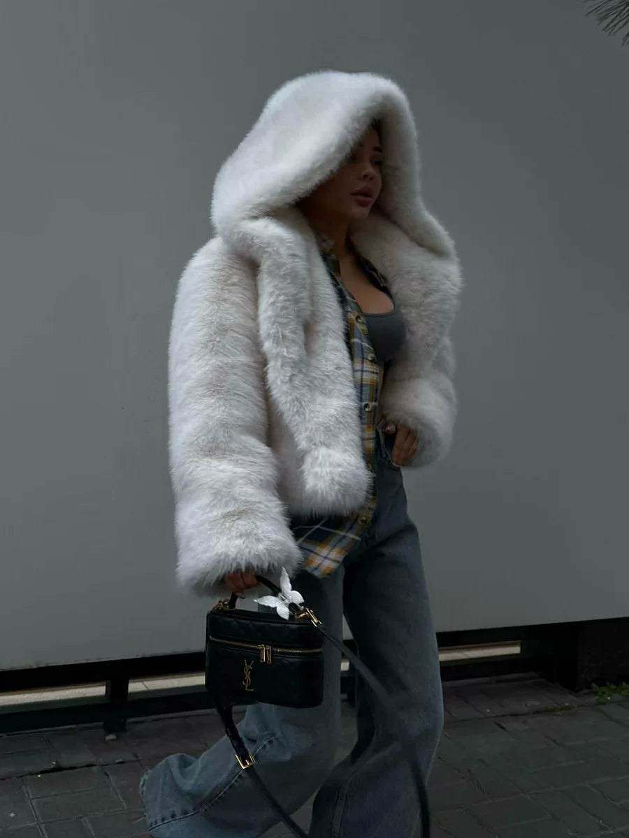LaPose - Tristyn Hooded Faux Fur Cropped Jacket