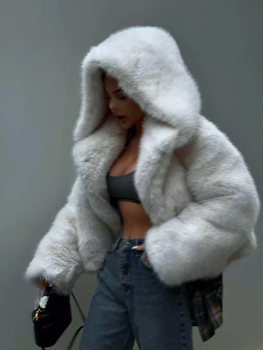 LaPose - Tristyn Hooded Faux Fur Cropped Jacket