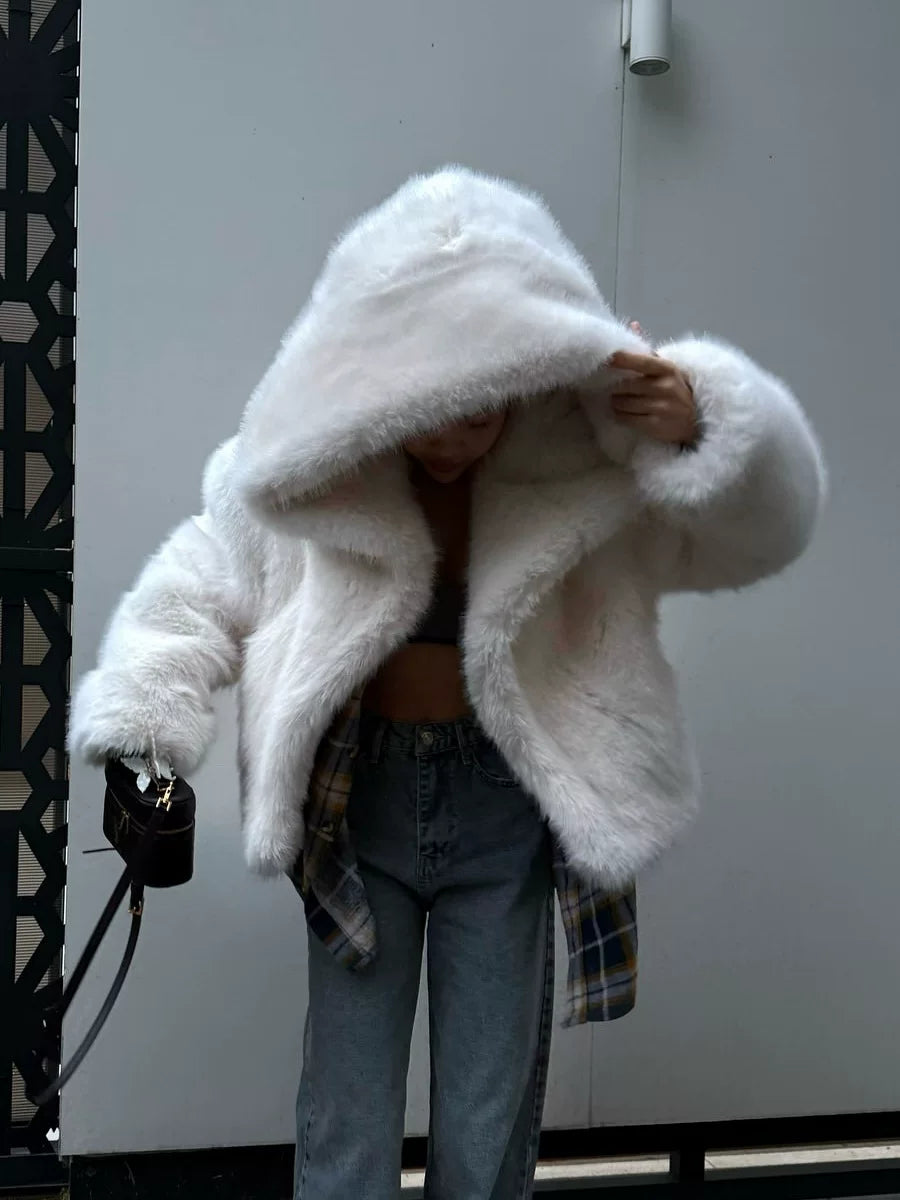 LaPose - Tristyn Hooded Faux Fur Cropped Jacket