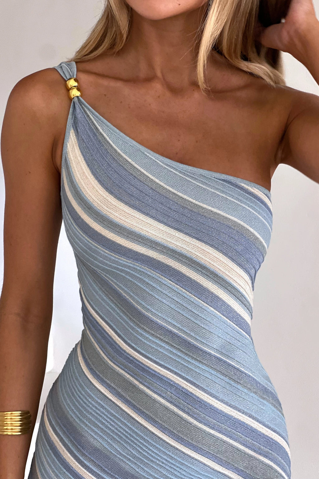 LaPose Tyla One Shoulder Knit Mini - Blue Striped Knit