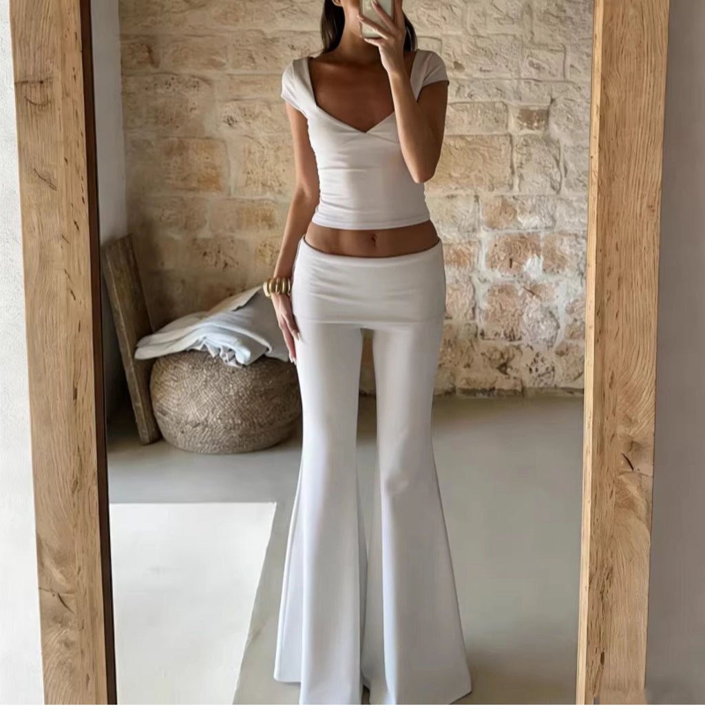 V-Neck Top & Flared Pants Set [KFDHDVHD]
