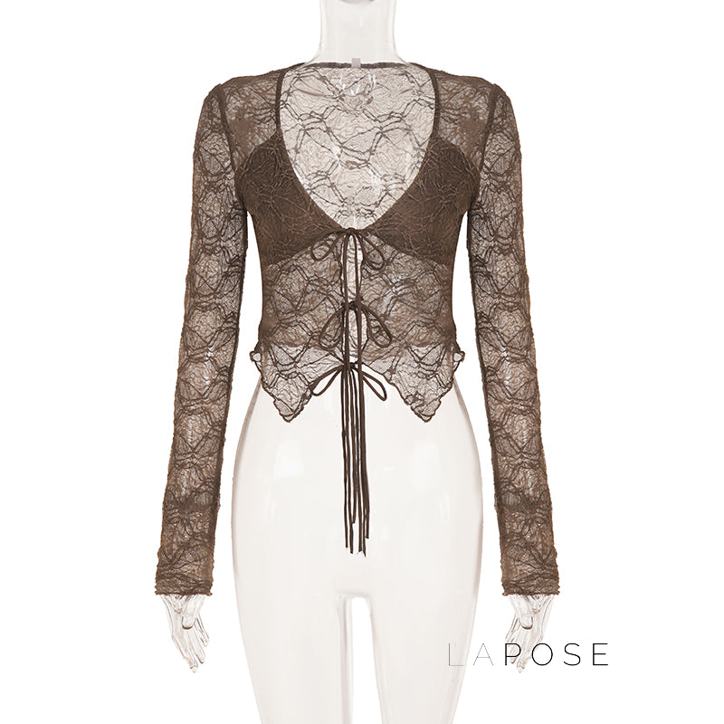 Xaria Sheer Lace-Up Cardigan [K3PR4TXD]
