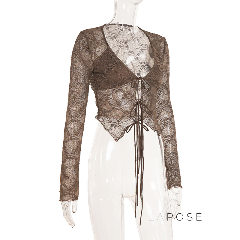 Xaria Sheer Lace-Up Cardigan [WMN9C67K]