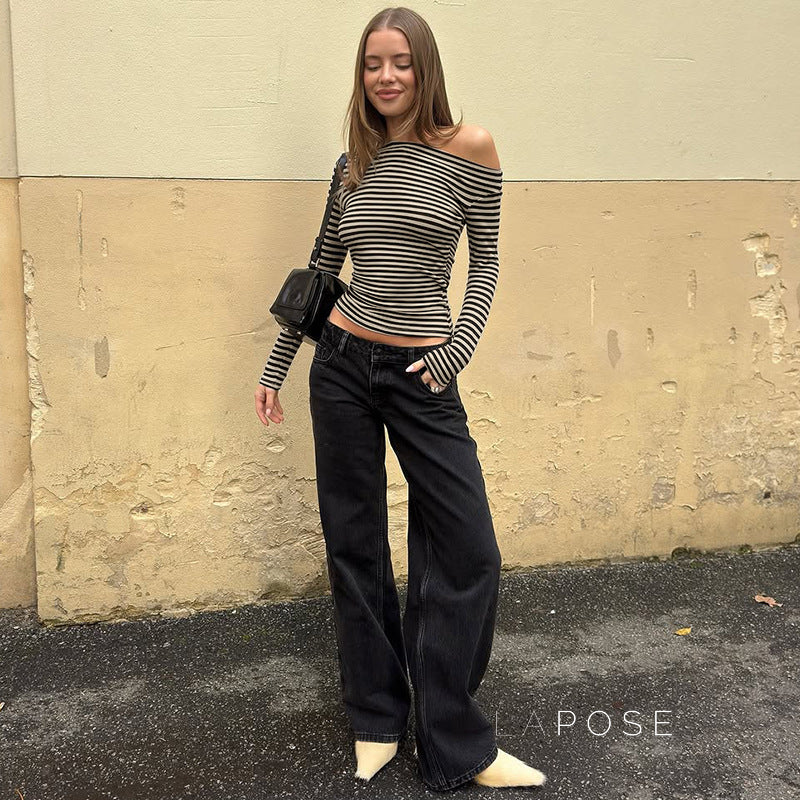 Yanely Striped Square Neck Knit Top [2LCUYH04]