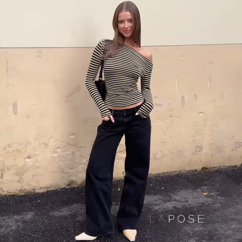 Yanely Striped Square Neck Knit Top [LXJ068RK]