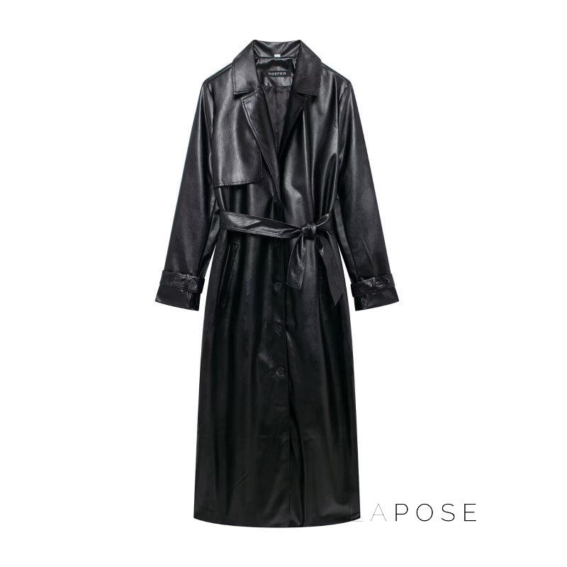Yatziry Belted Longline Faux Leather Coat [RNO1Z4A2]
