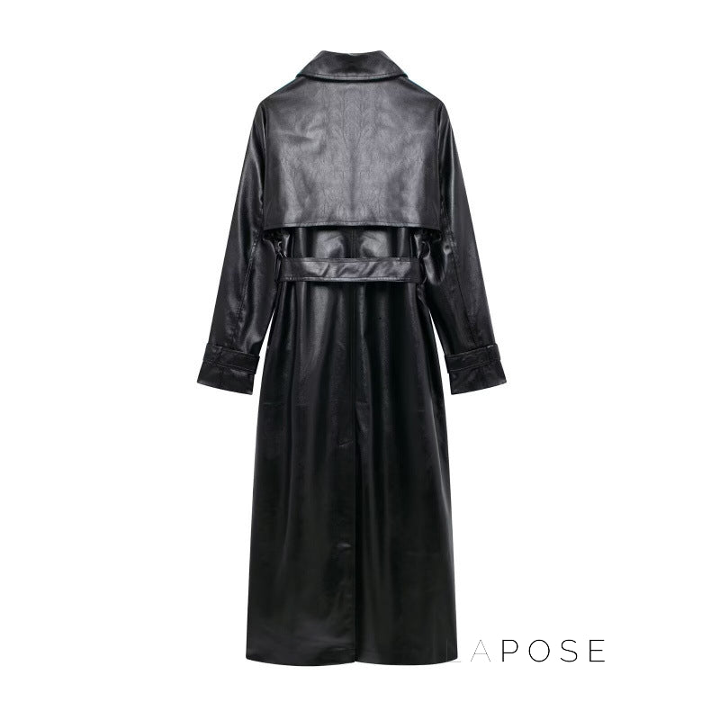Yatziry Belted Longline Faux Leather Coat [LT53PG1E]