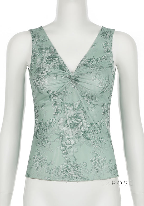 Yehudis Twisted Floral Mesh Top [DOE59QDA]