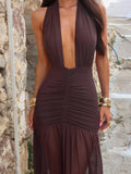 LaPose Yides Ruched Mesh Maxi Dress - Chocolate Brown