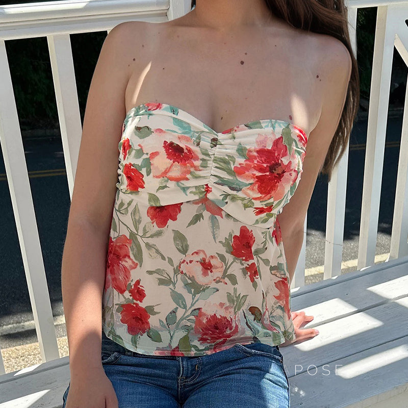 Yulianna Floral Pleated Strapless Top