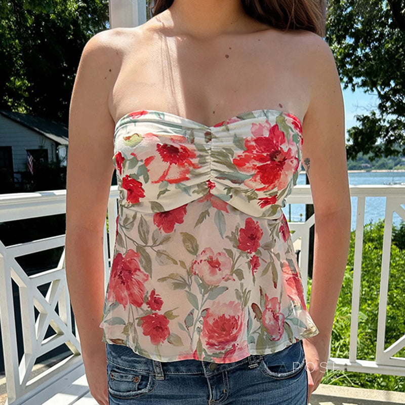 Yulianna Floral Pleated Strapless Top