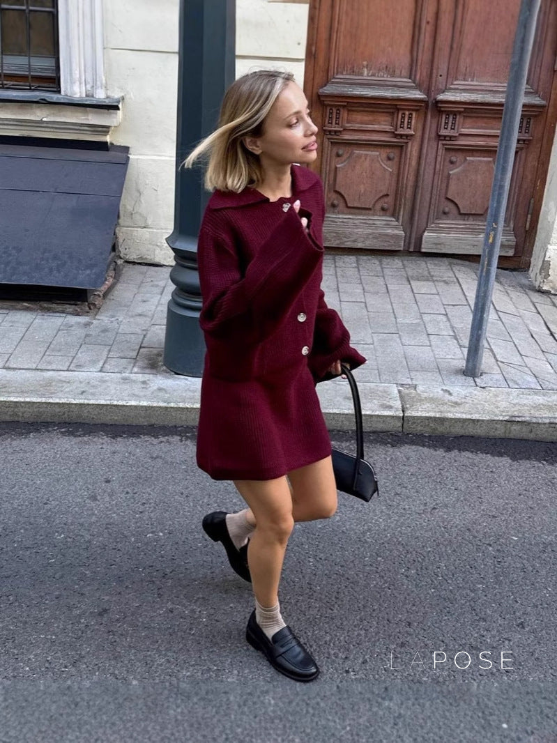 Zarina Lapel Knit Skirt Set [H59KDVHD]