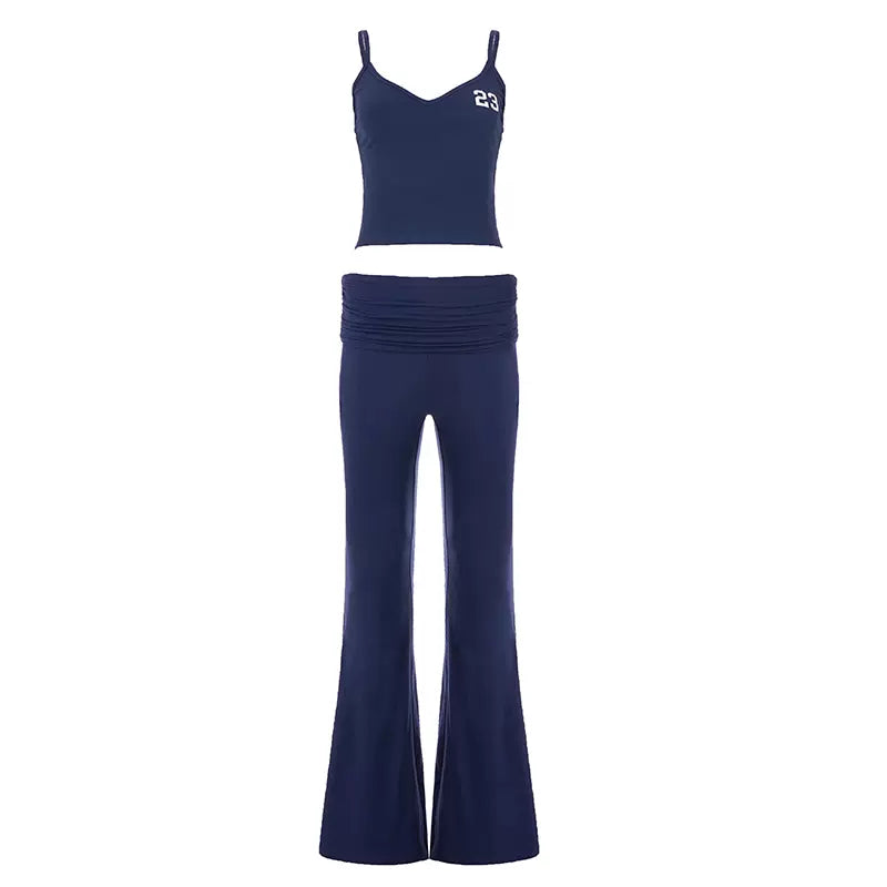 LaPose - Zora Ruched Waist Flared Pant Set - Blue Color