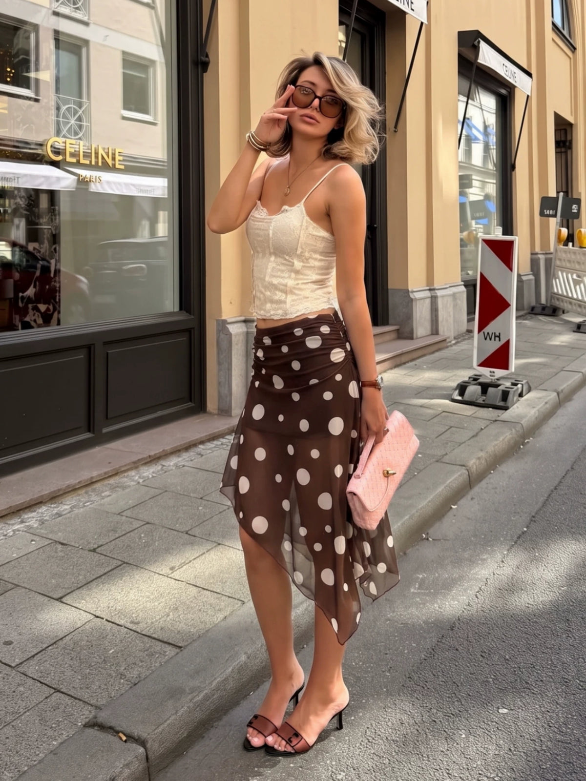 LaPose - Zunaira Polka Dot Asymmetric Midi Skirt