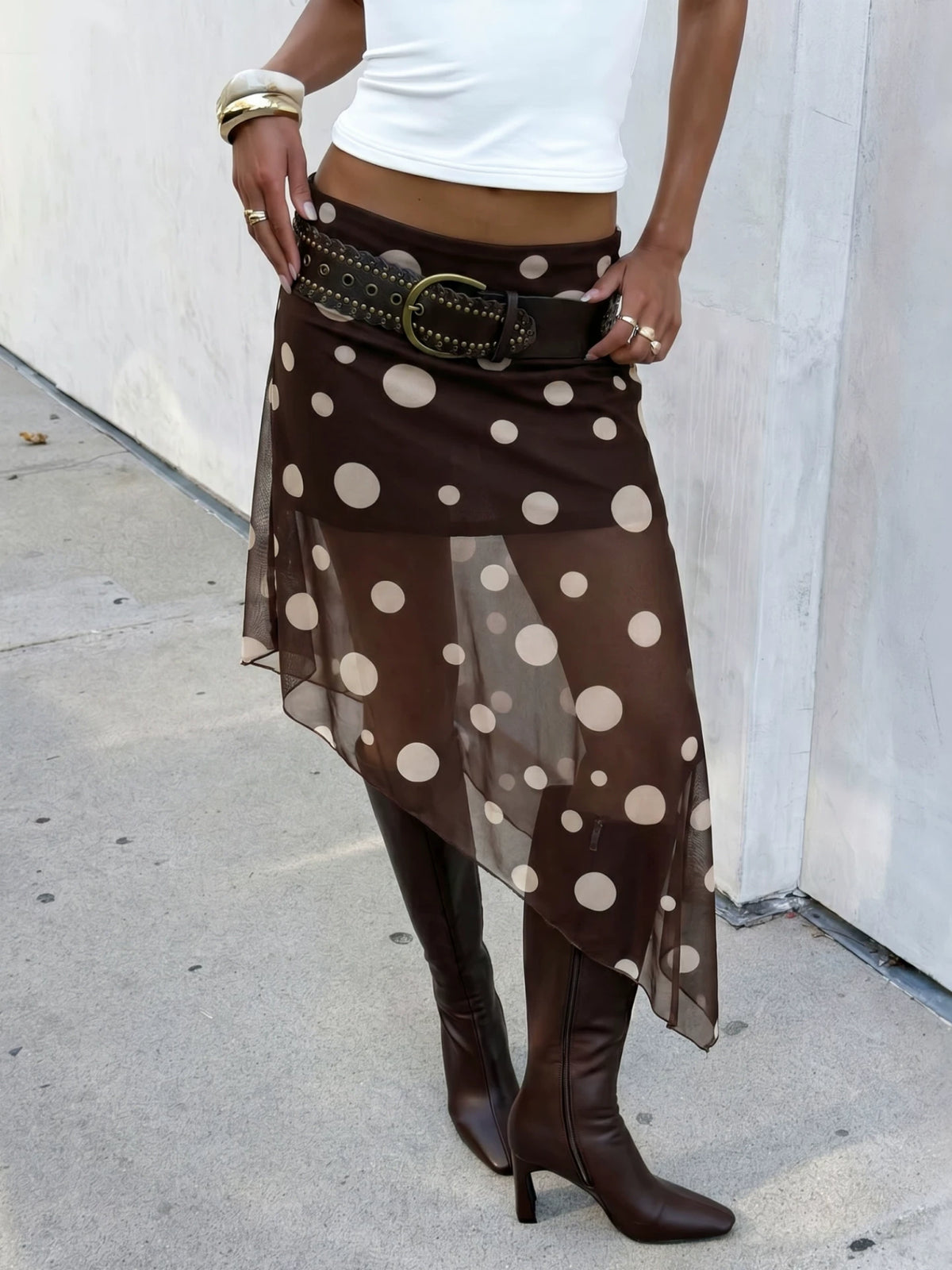 LaPose - Zunaira Polka Dot Asymmetric Midi Skirt