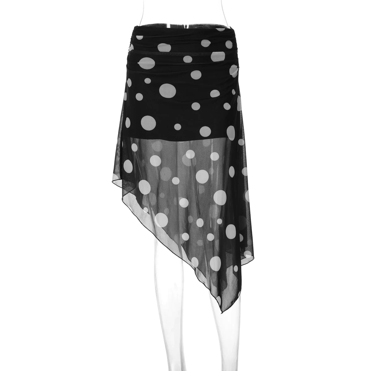 LaPose - Zunaira Polka Dot Asymmetric Midi Skirt - Black Color