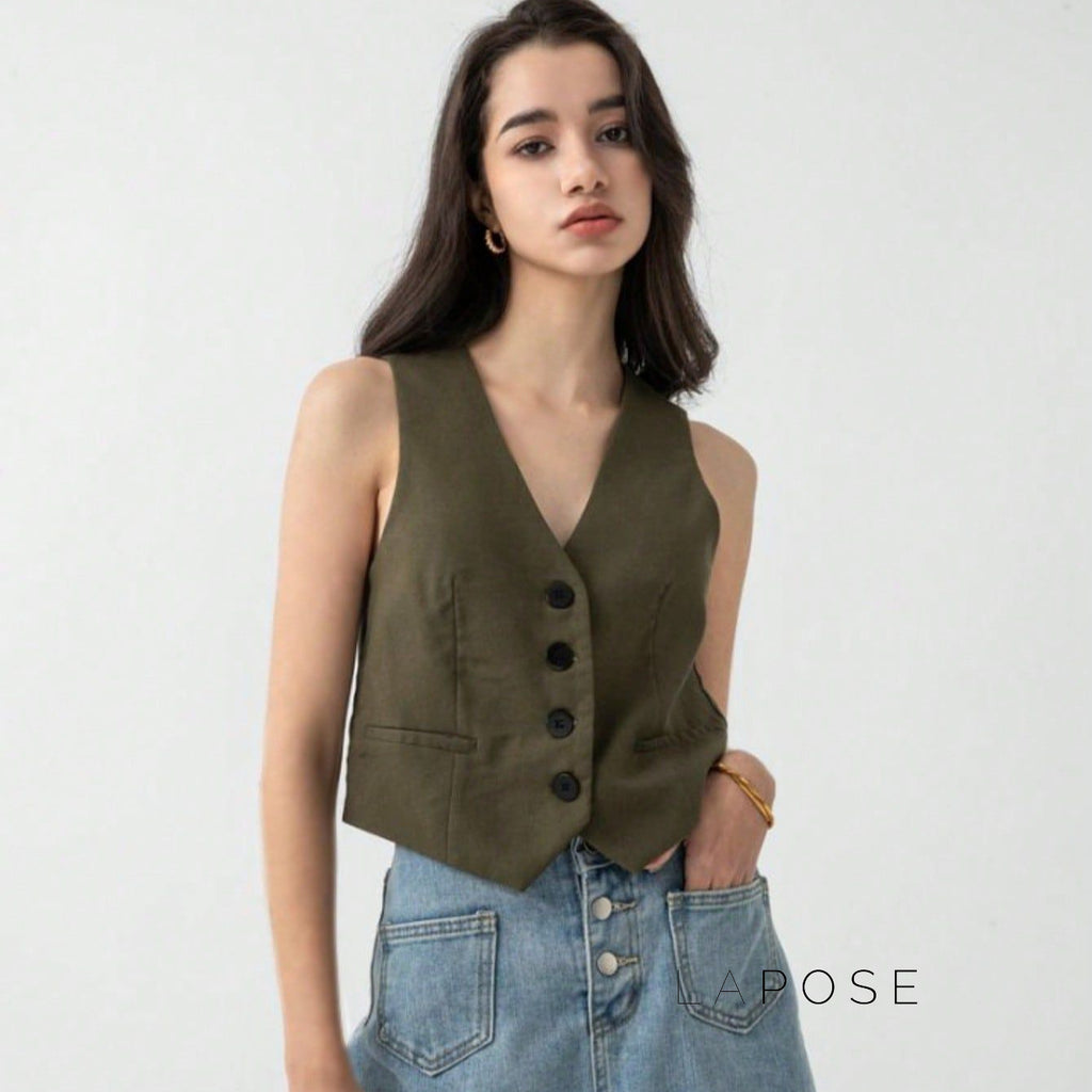 Zuri Cropped Button-Up Vest [Y0FOFTGM]