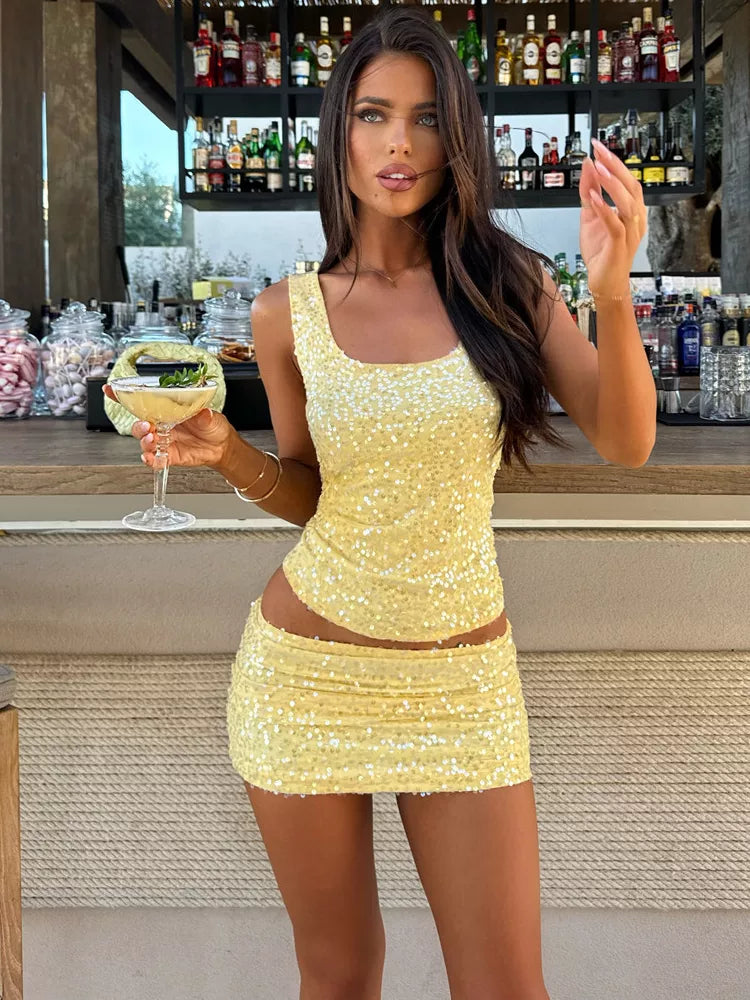 Mikaylah Sequin Mini Skirt Set - Yellow Color